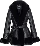 Schwarze Damen-Lederjacke mit Kunstfellkragen und Gürtel, stilvoll und elegant, ideal für Herbst und Winter. Hochwertige Mode, warm und trendy.