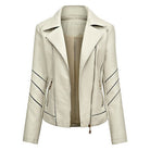 Damen Lederjacke in Beige, stilvoll mit Reißverschluss und Ziernähten. Perfekt für Herbstmode, elegant und vielseitig kombinierbar.