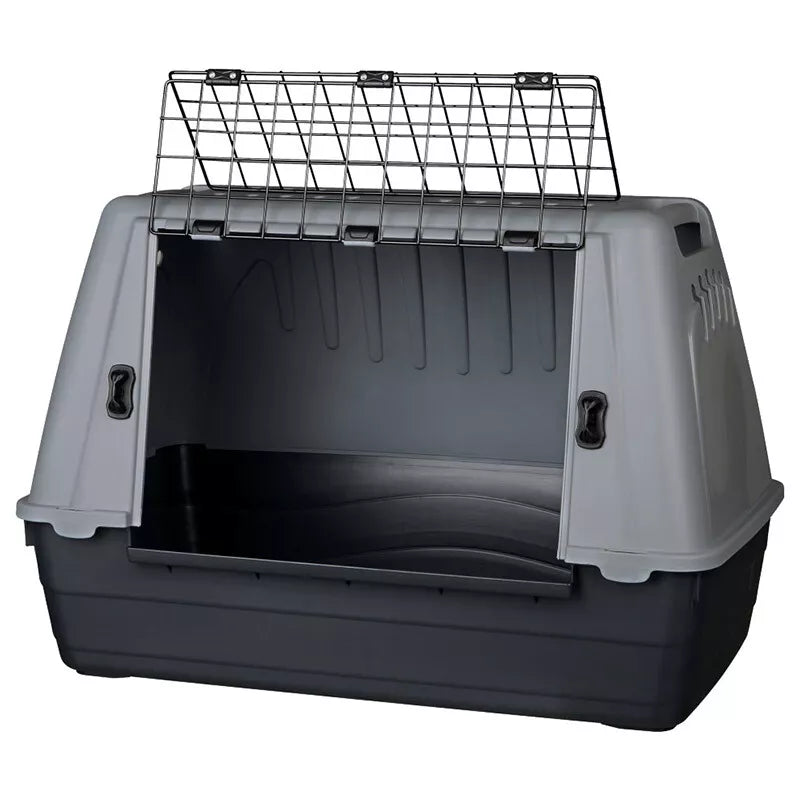 Große Hundetransportbox aus robustem Kunststoff mit Metallgitter, ideal für Reisen und Transport. Praktisch, sicher und langlebig.