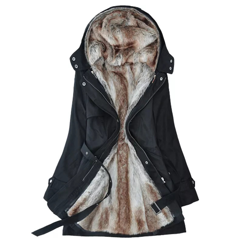 Schwarzer Parka mit abnehmbarem Kunstfellfutter, Kapuze und Gürtel. Winterjacke, warm, modisch, vielseitig, Damenbekleidung, Outdoor.