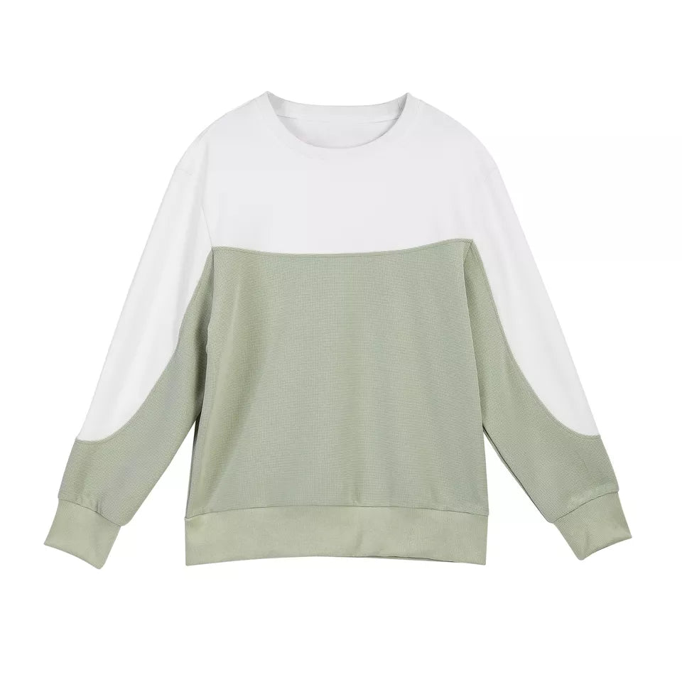 Grüner und weißer Damenpullover, langärmelig, Baumwolle, lässig, modisch, bequem.