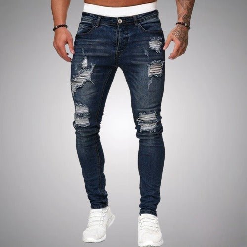 Herren-Jeans, dunkelblau, zerrissen, Slim Fit, modisch, Freizeitkleidung, Denim-Hose.