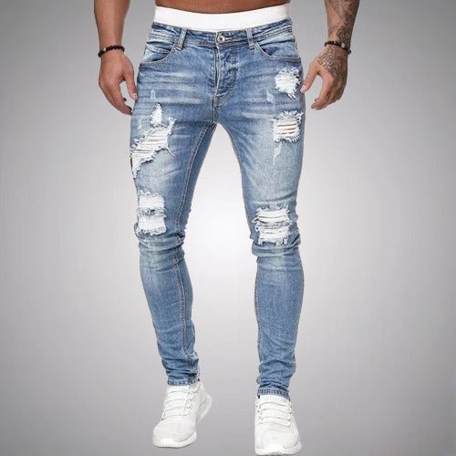 Hellblaue zerrissene Jeans für Herren, Slim Fit, modisch, Freizeitkleidung.