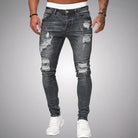 Zerrissene Herrenjeans, dunkelgrau, Slim Fit, modisch, Streetwear, Baumwolle.