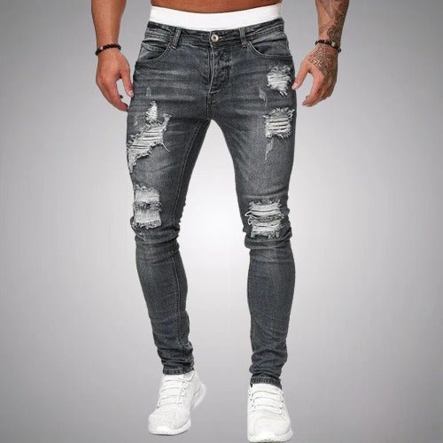 Zerrissene Herrenjeans, dunkelgrau, Slim Fit, modisch, Streetwear, Baumwolle.