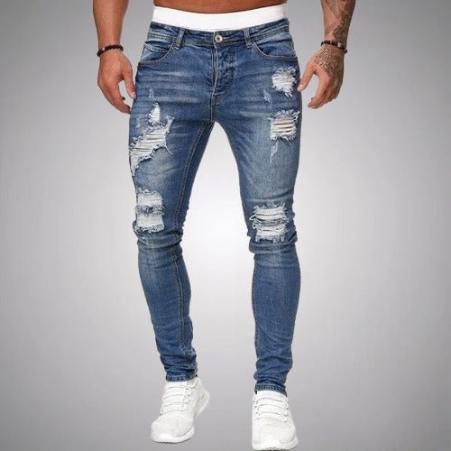 Herren-Jeans, hellblau, zerrissen, Slim Fit, modisch, Denim-Hose, Freizeitkleidung.