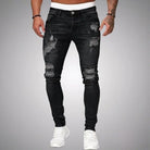 Herren-Jeans, zerrissen, schwarz, Slim Fit, modisch, Denim-Hose, Freizeitkleidung.