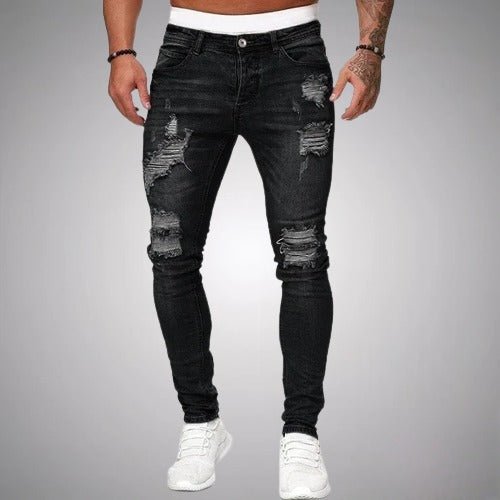 Herren-Jeans, zerrissen, schwarz, Slim Fit, modisch, Denim-Hose, Freizeitkleidung.