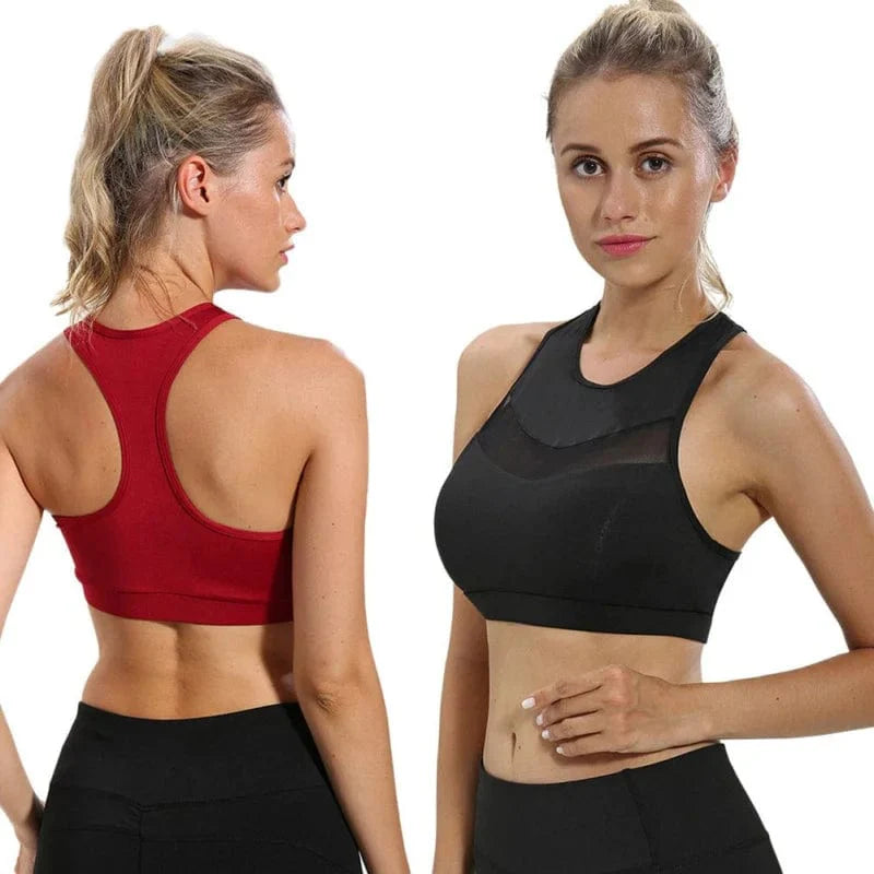 Sport-BH mit dekorativem Mesh, ideal für Fitness und Yoga. Atmungsaktiv, bequem, in Rot und Schwarz erhältlich. Perfekt für aktive Frauen.