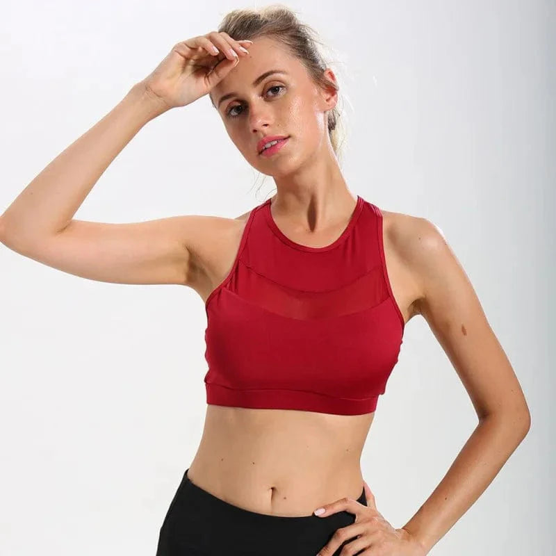 Roter Sport-BH mit dekorativem Mesh, ideal für Fitness und Yoga. Atmungsaktiv, bequem, modisch. Perfekt für aktive Frauen.