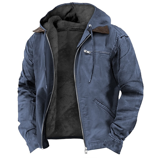 Herren Winterjacke mit Kapuze, blau, warm gefüttert, Reißverschluss, Taschen, modisch, ideal für kalte Tage, Outdoor-Aktivitäten.