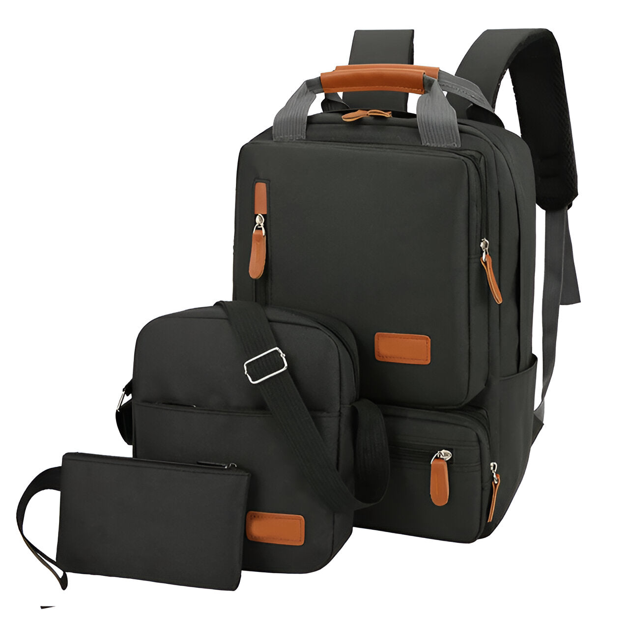 Schwarzer Rucksack-Set mit braunen Details, Laptopfach, ideal für Reisen und Schule.