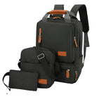 Schwarzer Rucksack-Set mit braunen Details, Laptopfach, ideal für Reisen und Schule.