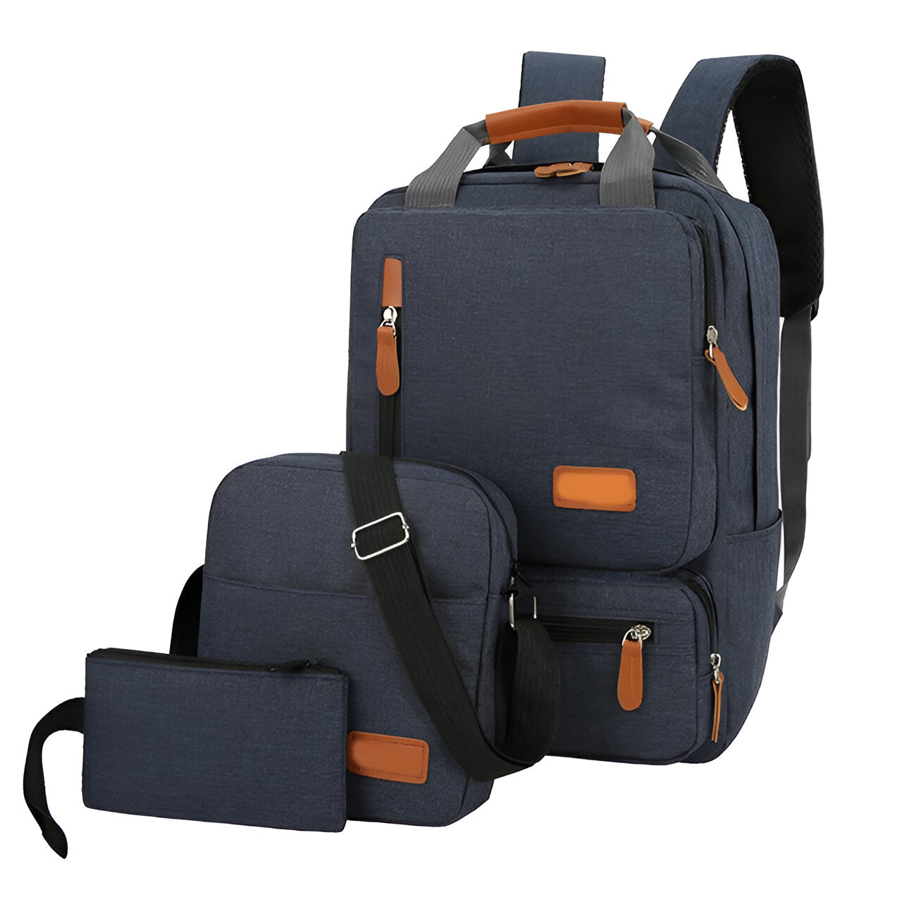 Dunkelblauer Rucksack-Set mit braunen Akzenten, Laptopfach, Schultertasche, Reise-Accessoire.