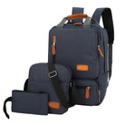 Dunkelblauer Rucksack-Set mit braunen Akzenten, Laptopfach, Schultertasche, Reise-Accessoire.