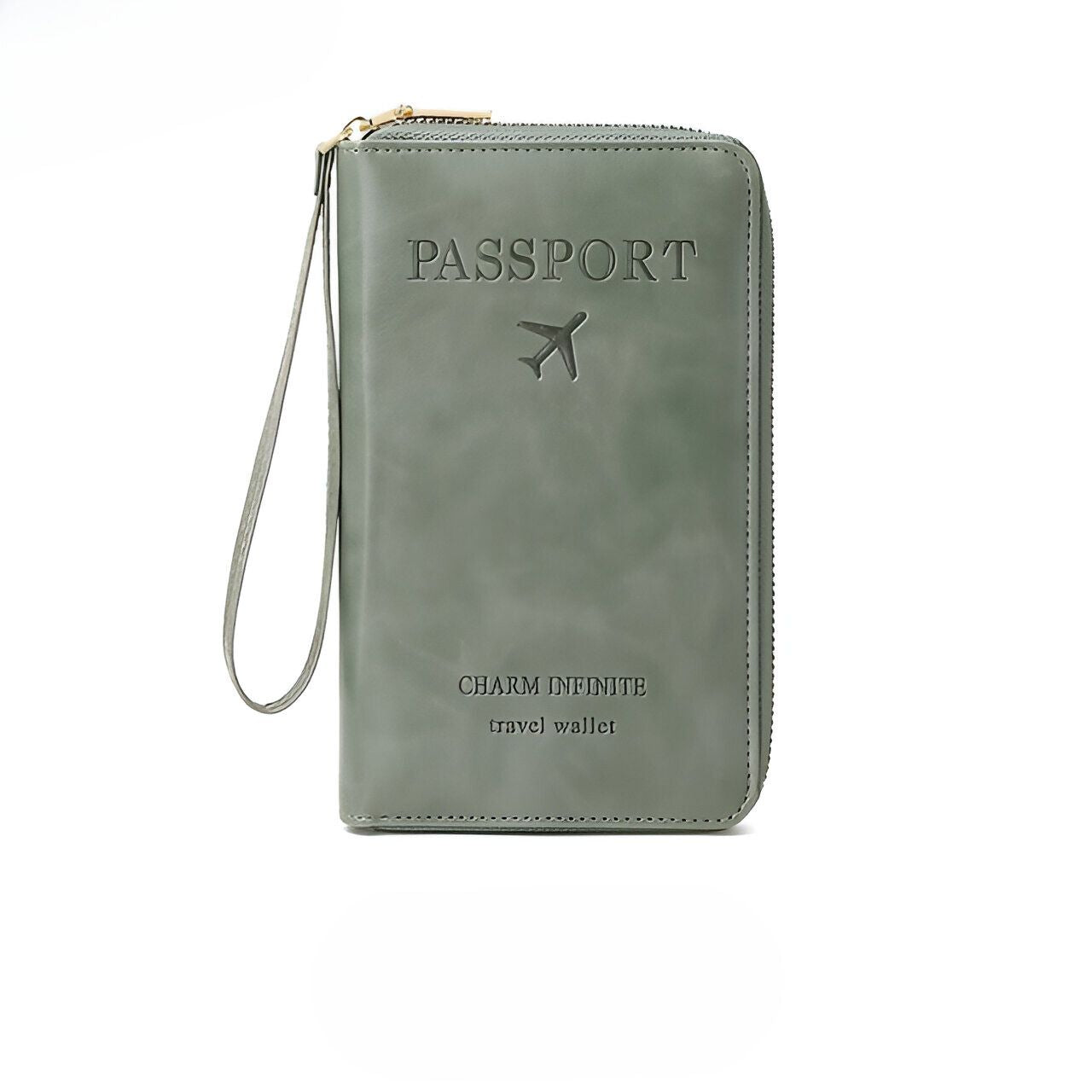 Grüne Reisepasshülle aus Leder mit Reißverschluss und Flugzeugsymbol, Charm Infinite Travel Wallet.