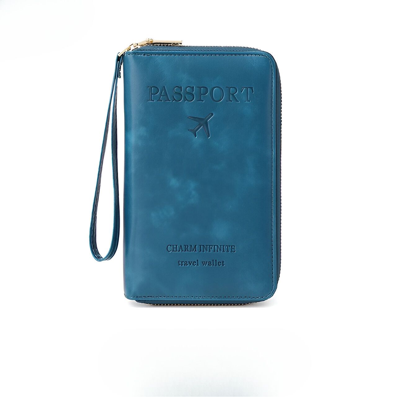 Blaue Reisepasshülle aus Leder mit Reißverschluss und Flugzeugmotiv, Reiseetui für Dokumente.