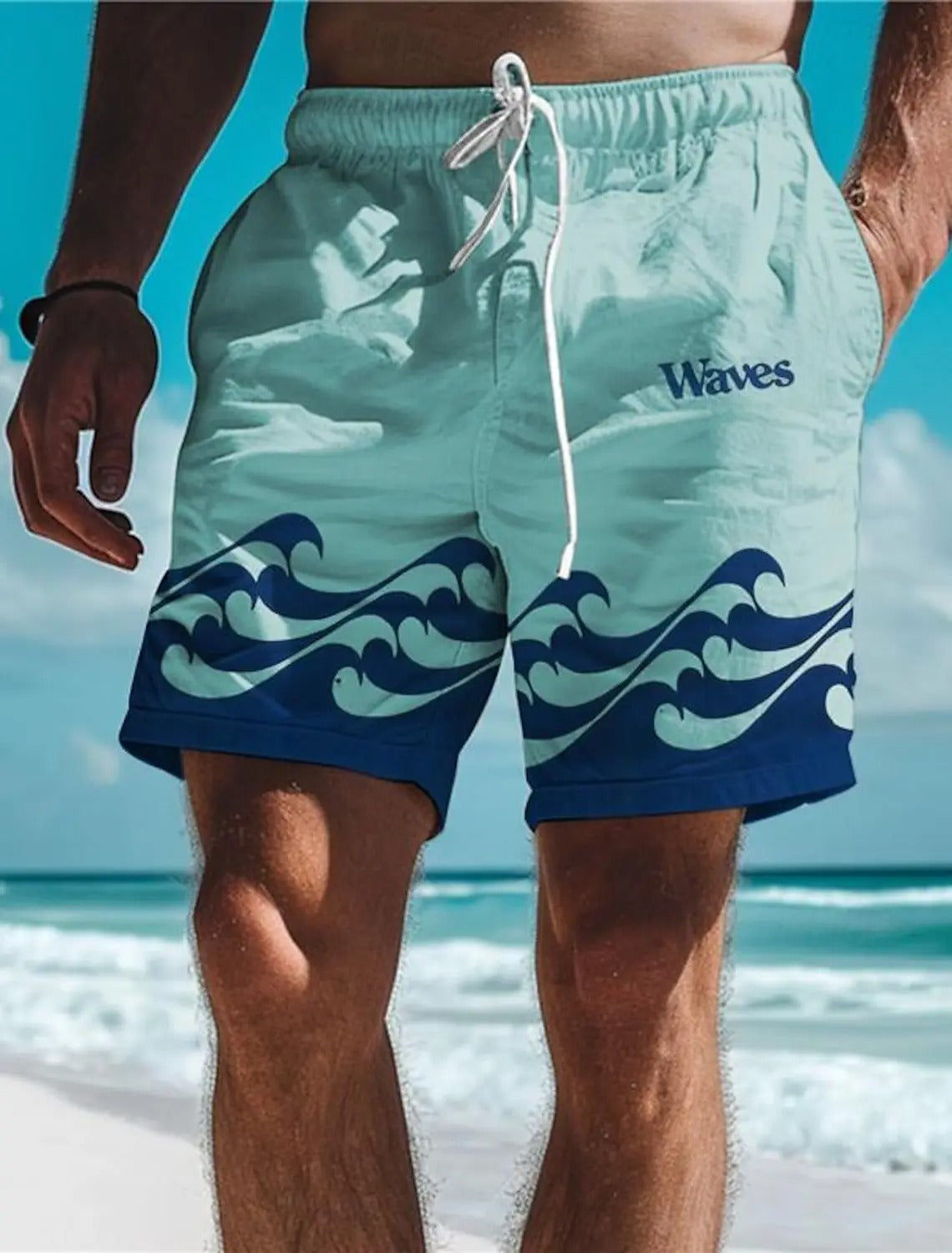 Herren-Badeshorts, türkis mit Wellenmuster, Strandmode, Sommerbekleidung, schnell trocknend.