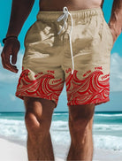 Beige Badeshorts mit rotem Wellenmuster, Herrenmode, Strandbekleidung, Sommer, Baumwolle.