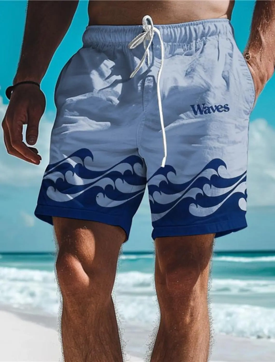 Herren Badeshorts mit Wellenmuster, blau-weiß, Strandmode, Sommerbekleidung, schnell trocknend.