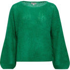 Grüner Strickpullover aus weichem Mohair, lässiger Schnitt, ideal für Herbstmode. Perfekt kombinierbar, modisch und bequem.