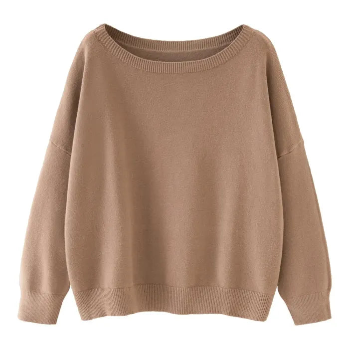 Beiger Oversize-Pullover aus Kaschmir, Damenmode, weiches Material, lässiger Stil, ideal für Herbst und Winter, modischer Strickpullover.