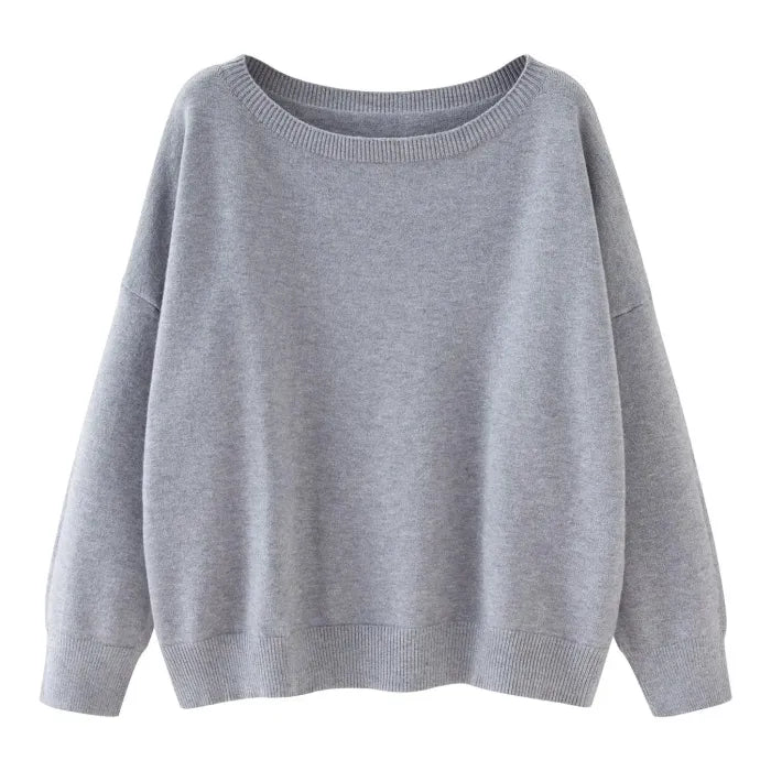 Grauer Pullover aus Baumwolle, lässiger Schnitt, ideal für Herbstmode. Bequemes Sweatshirt für Damen, vielseitig kombinierbar, zeitloses Design.