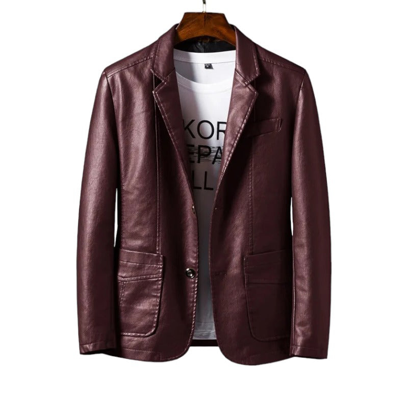 Herren-Lederjacke in Braun, stilvoller Blazer mit Revers, ideal für Business und Freizeit. Koreanischer Stil, schlankes Design, modisch.