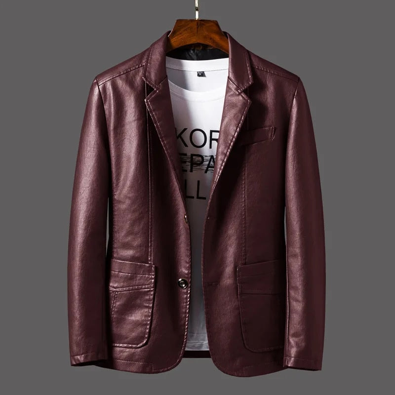 Herren-Lederjacke, braun, mit Revers, Business-Stil, PU-Blazer, koreanisches Design, schlanke Passform, modisch, ideal für Herbst/Winter.