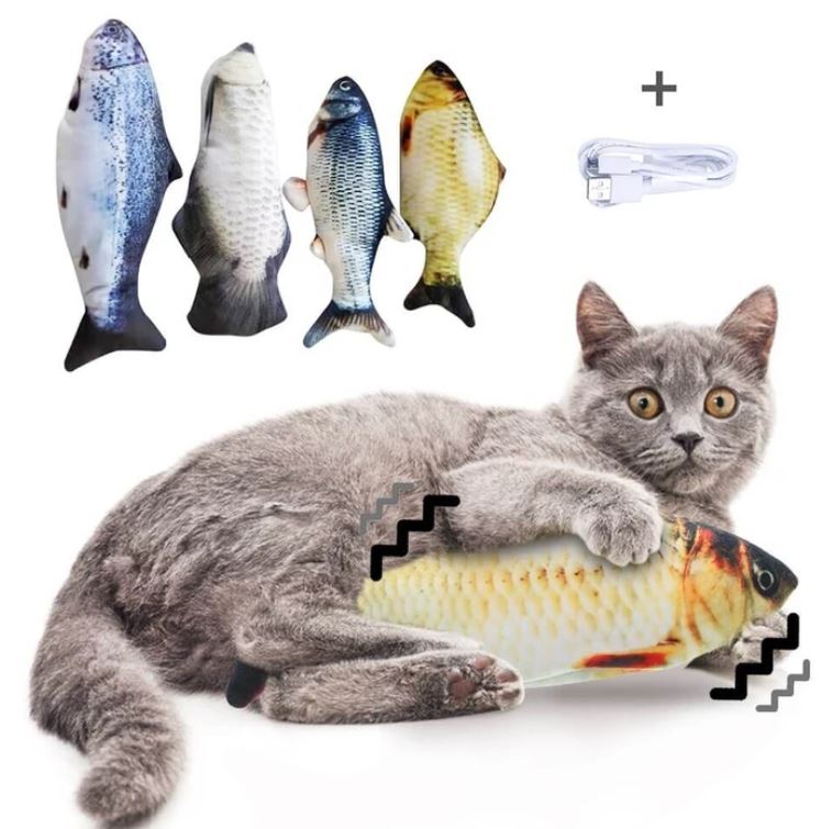 Graue Katze mit zappelndem Fischspielzeug, USB-Ladekabel, interaktives Katzenspielzeug.