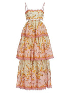 Zimmermann Pink Multi Laurel Stufenkleid: Elegantes Maxikleid mit floralen Mustern, Spaghettiträgern und Stufenrock. Perfekt für Sommermode.