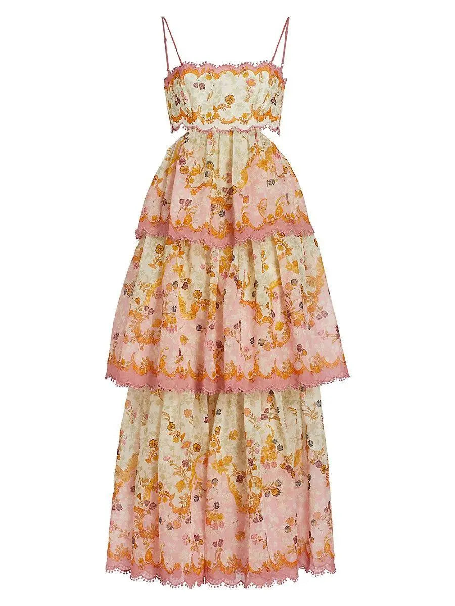 Zimmermann Pink Multi Laurel Stufenkleid: Elegantes Maxikleid mit floralen Mustern, Spaghettiträgern und Stufenrock. Perfekt für Sommermode.