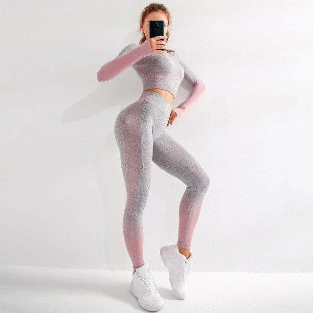 Zweifarbiges Sportset in Rosa und Grau, nahtloses Design, ideal für Fitness und Yoga. Hochwertige Damen-Sportbekleidung, modisch und bequem.